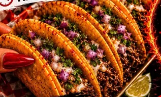 Row of crispy birria tacos topped with red onion, cilantro and melted cheese
